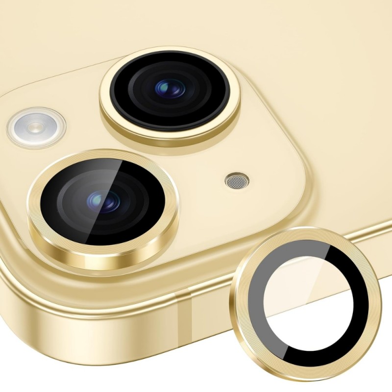 Стъклен протектор с метални рингове за задна камера MBX за Apple iPhone 15, 15 Plus, Жълт