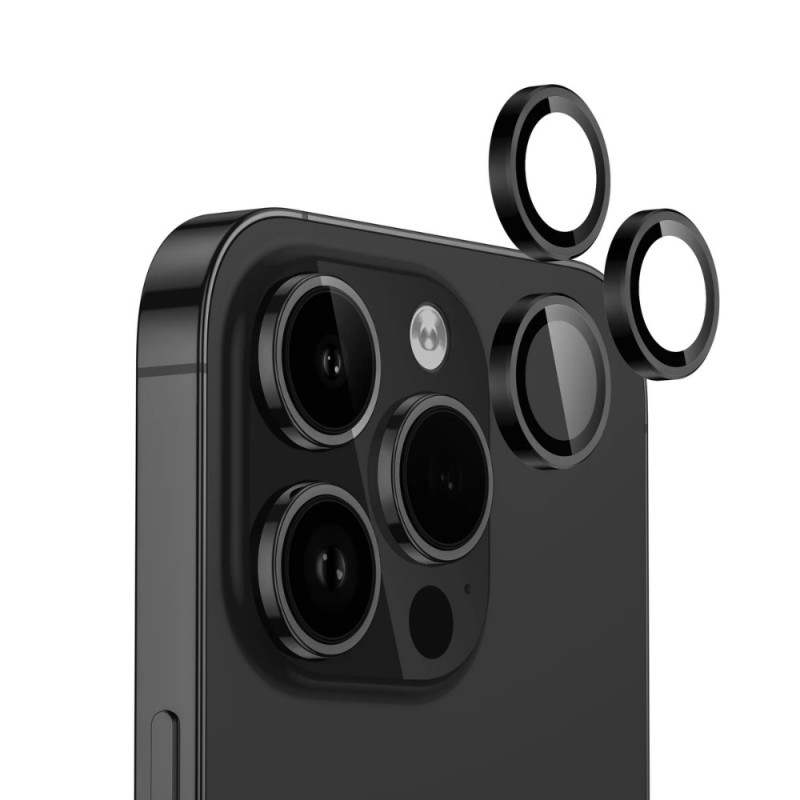 Стъклен протектор с метални рингове за задна камера MBX за Apple iPhone 15 Pro, 15 Pro Max, Черен