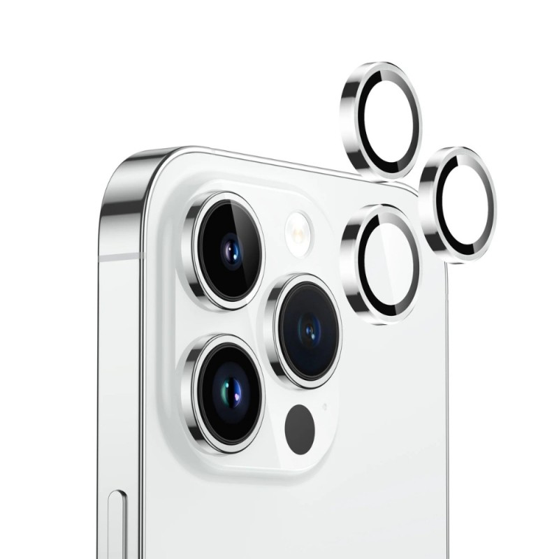 Стъклен протектор с метални рингове за задна камера MBX за Apple iPhone 15 Pro, 15 Pro Max, Сребрист