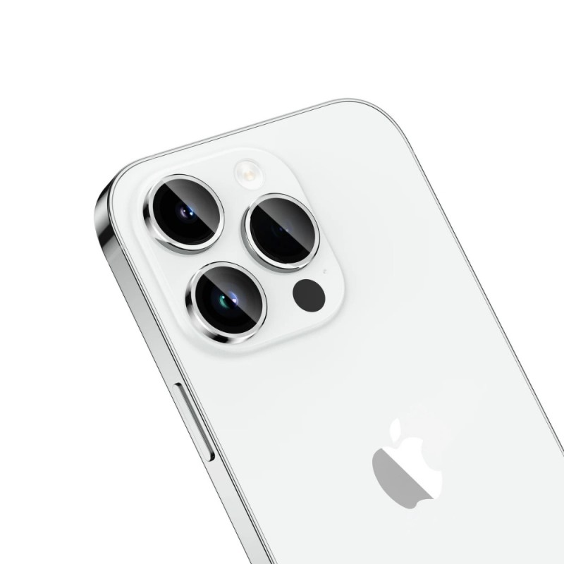 Стъклен протектор с метални рингове за задна камера MBX за Apple iPhone 15 Pro, 15 Pro Max, Сребрист
