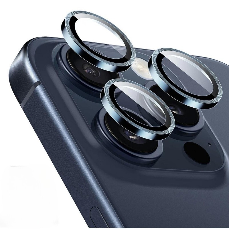 Стъклен протектор с метални рингове за задна камера MBX за Apple iPhone 15 Pro, 15 Pro Max, Тъмносин