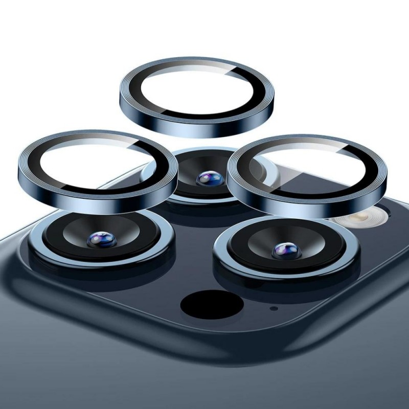 Стъклен протектор с метални рингове за задна камера MBX за Apple iPhone 15 Pro, 15 Pro Max, Тъмносин