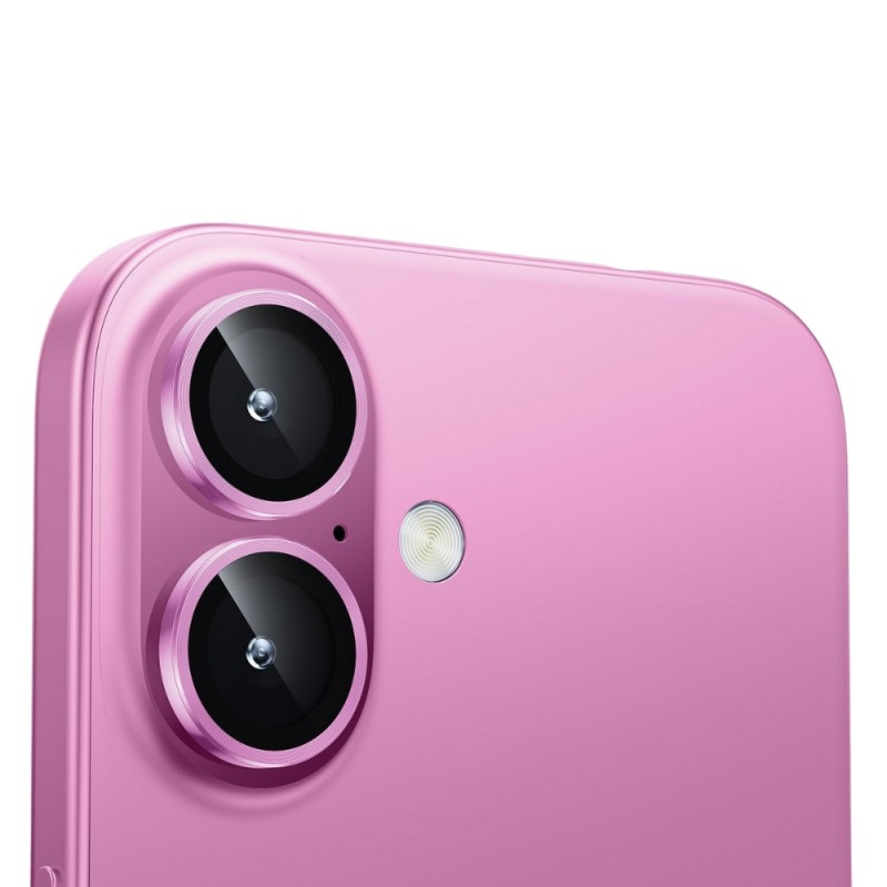Стъклен протектор с метални рингове за задна камера MBX за Apple iPhone 16, 16 Plus, Розов
