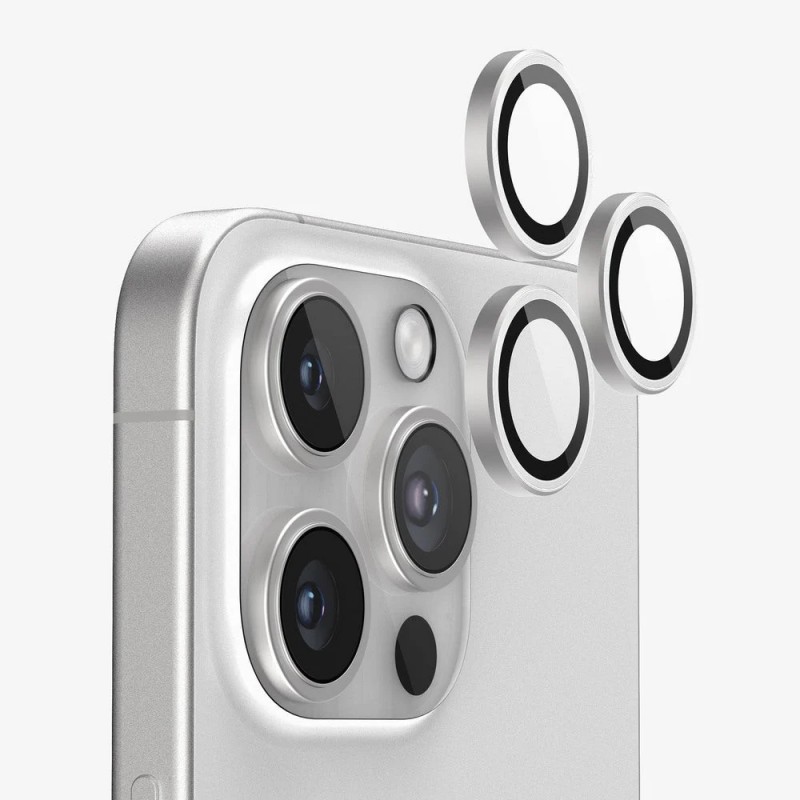 Стъклен протектор с метални рингове за задна камера MBX за Apple iPhone 16 Pro, 16 Pro Max, Сребрист