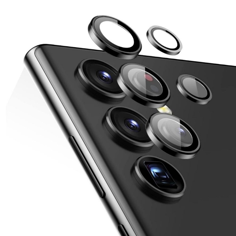 Стъклен протектор с метални рингове за задна камера MBX за Samsung Galaxy S22 Ultra 5G (S908B), Черен