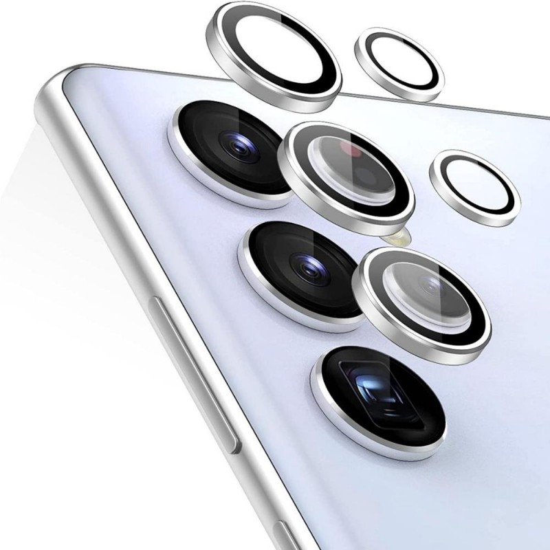 Стъклен протектор с метални рингове за задна камера MBX за Samsung Galaxy S22 Ultra 5G (S908B), Сребрист