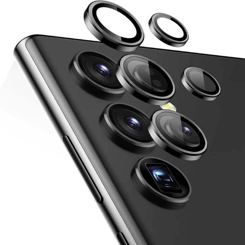 Стъклен протектор с метални рингове за задна камера MBX за Samsung Galaxy S24 Ultra (S928B), Черен
