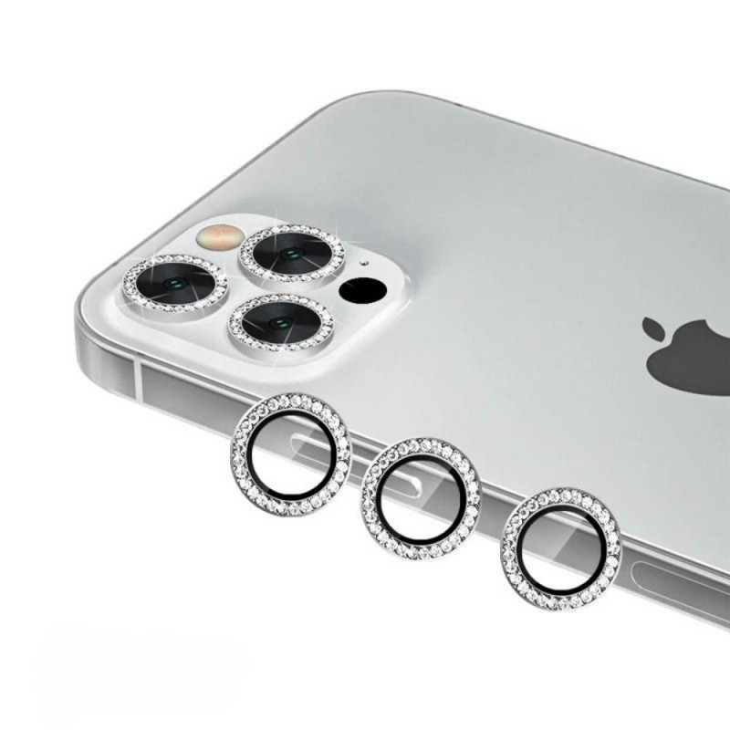 Стъклен протектор с метални рингове и камъни за задна камера MBX за Apple iPhone 13 Pro, 13 Pro Max, Сребрист