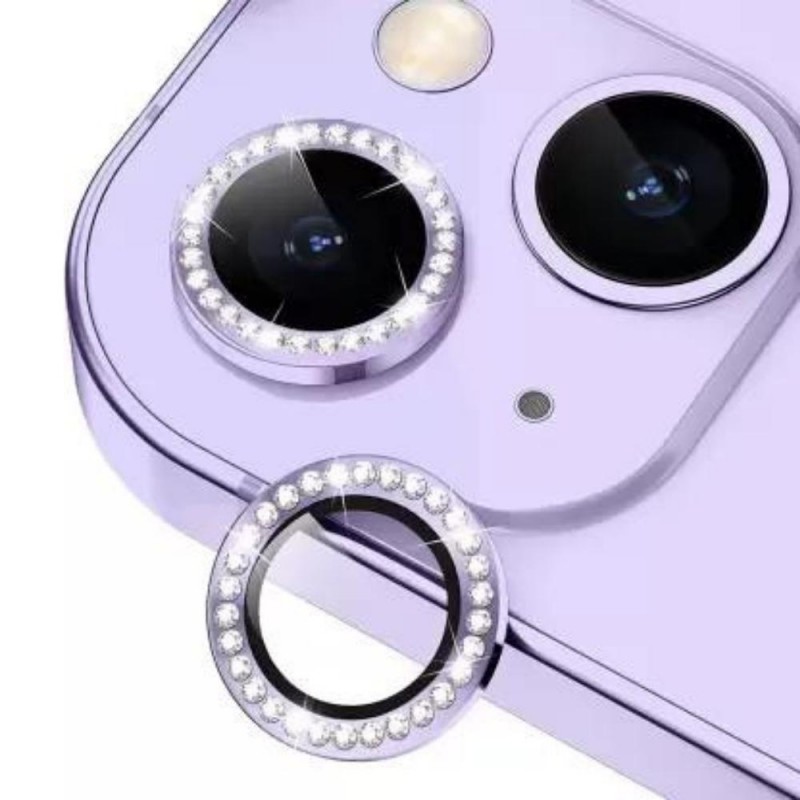 Стъклен протектор с метални рингове и камъни за задна камера MBX за Apple iPhone 14, 14 Plus, Лилав