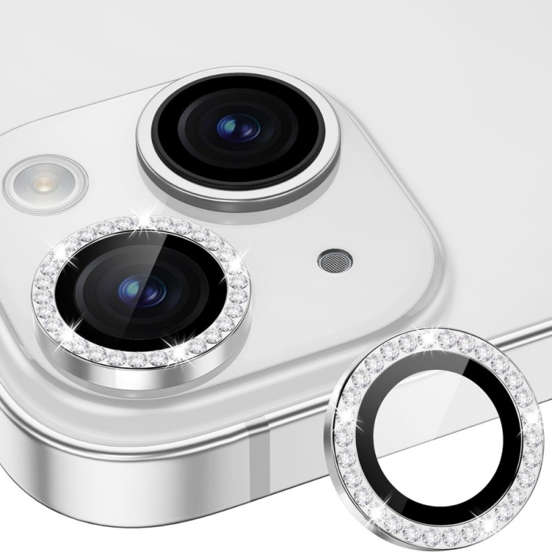 Стъклен протектор с метални рингове и камъни за задна камера MBX за Apple iPhone 15, 15 Plus, Сребрист