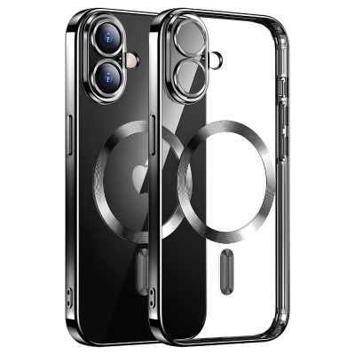 Силиконов кейс bSmart Chrome Magsafe с протектори за камерите, За iPhone 16 (6.1), Черен