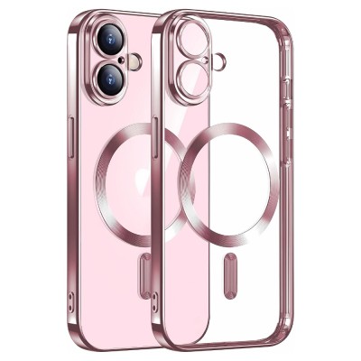 Силиконов кейс bSmart Chrome Magsafe с протектори за камерите, За iPhone 16 (6.1), Розово-златен