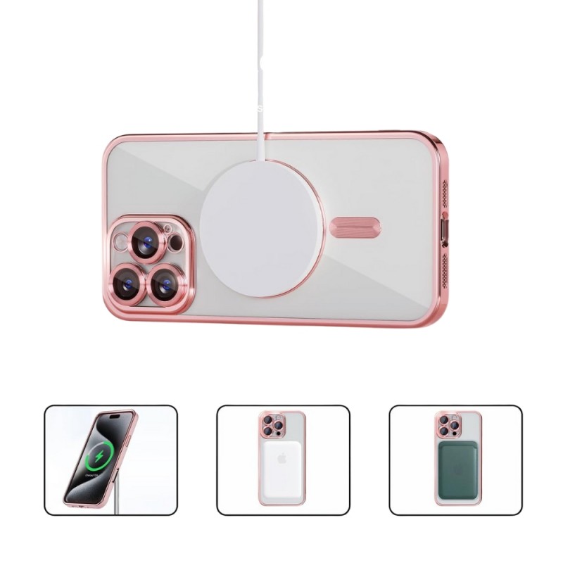 Силиконов кейс bSmart Chrome Magsafe с протектори за камерите, За iPhone 16 Pro (6.3), Розов