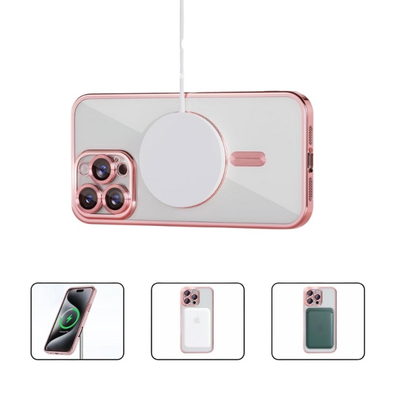 Силиконов кейс bSmart Chrome Magsafe с протектори за камерите, За iPhone 17 Pro Max (6.9), Розово-златен