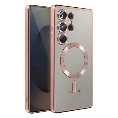 Силиконов кейс bSmart Chrome Magsafe с протектори за камерите, За Samsung Galaxy S25 Ultra, Розово-златен
