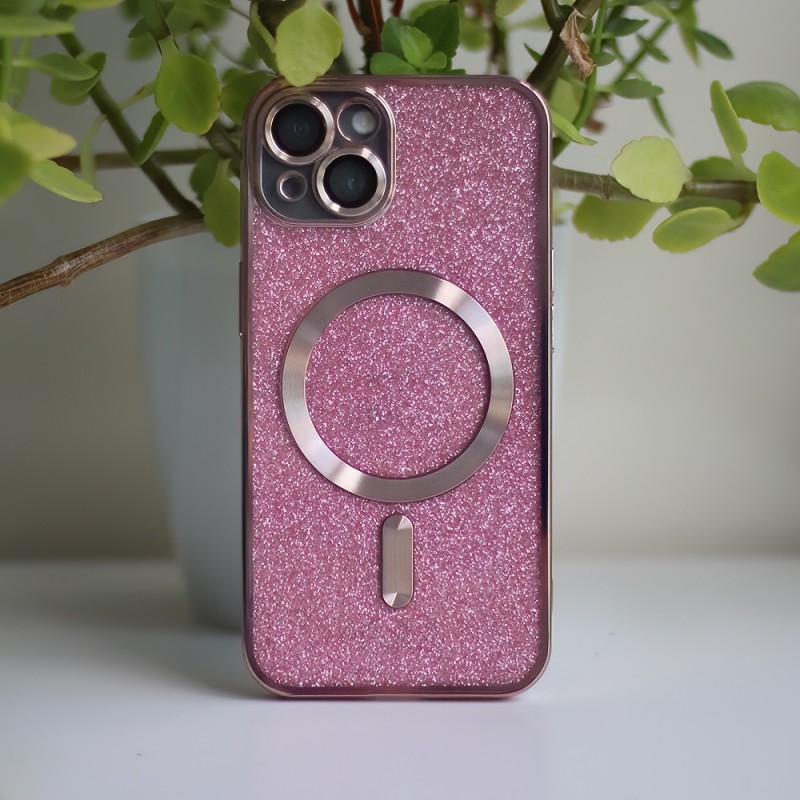 Силиконов кейс bSmart Glitter Chrome Magsafe с протектори за камерите, За iPhone 13 Pro (6.1), Розов