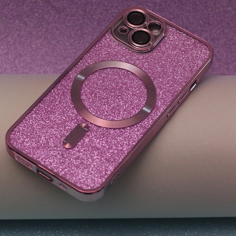 Силиконов кейс bSmart Glitter Chrome Magsafe с протектори за камерите, За iPhone 13 Pro Max (6.7), Розов