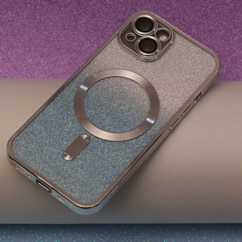 Силиконов кейс bSmart Glitter Chrome Magsafe с протектори за камерите, За iPhone 13 Pro Max (6.7), Сребрист преливащ