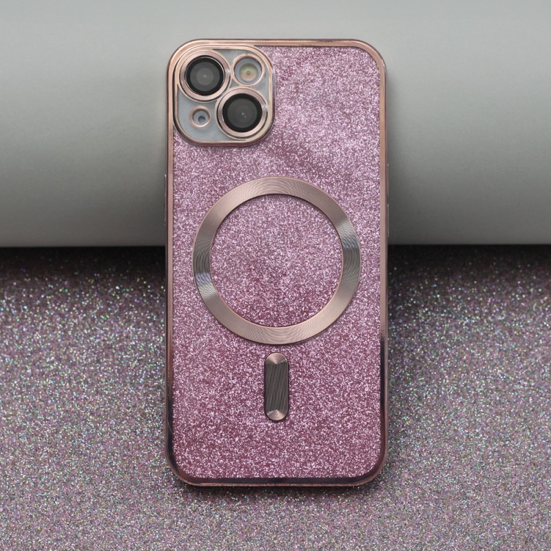 Силиконов кейс bSmart Glitter Chrome Magsafe с протектори за камерите, За iPhone 14 (6.1), Розов
