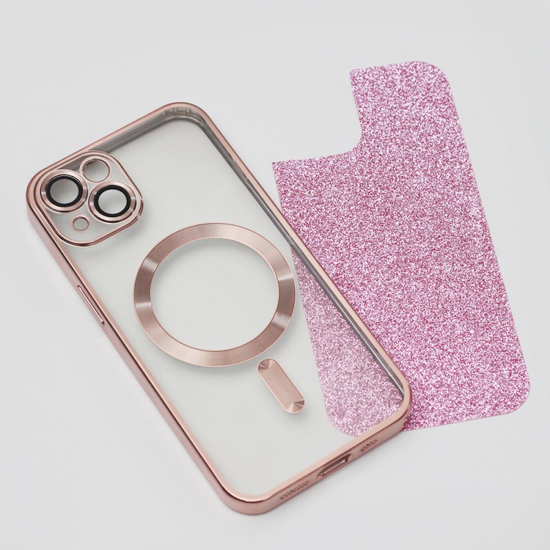 Силиконов кейс bSmart Glitter Chrome Magsafe с протектори за камерите, За iPhone 14 (6.1), Розов