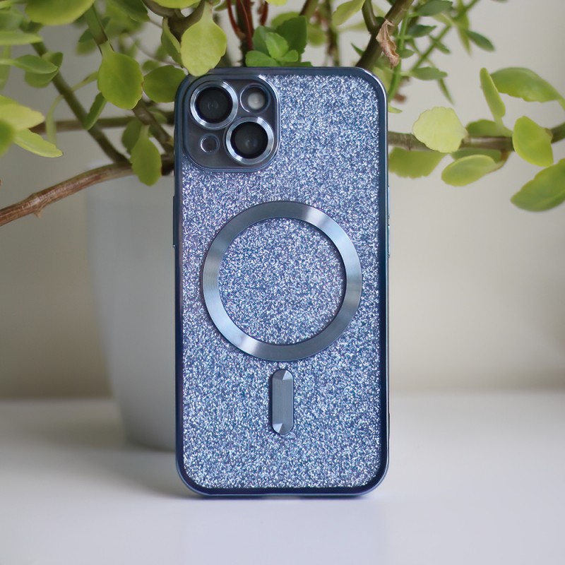 Силиконов кейс bSmart Glitter Chrome Magsafe с протектори за камерите, За iPhone 14 (6.1), Син