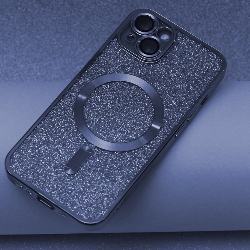 Силиконов кейс bSmart Glitter Chrome Magsafe с протектори за камерите, За iPhone 14 (6.1), Син