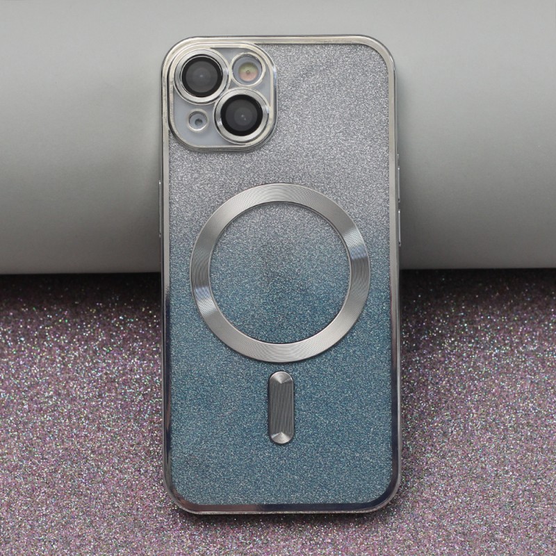Силиконов кейс bSmart Glitter Chrome Magsafe с протектори за камерите, За iPhone 14 Pro (6.1), Сребрист преливащ