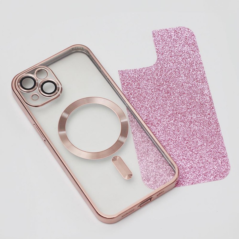 Силиконов кейс bSmart Glitter Chrome Magsafe с протектори за камерите, За iPhone 15 Plus (6.7), Розов