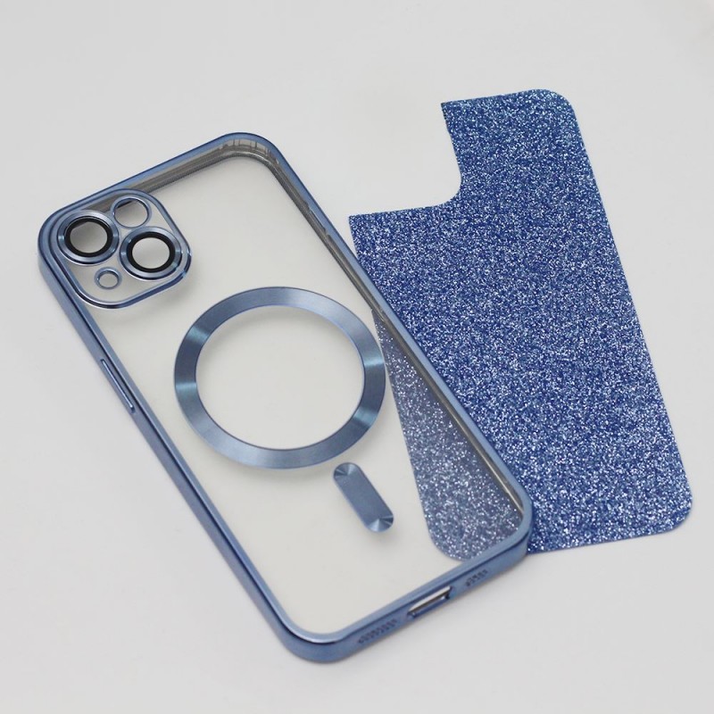 Силиконов кейс bSmart Glitter Chrome Magsafe с протектори за камерите, За iPhone 15 Plus (6.7), Син