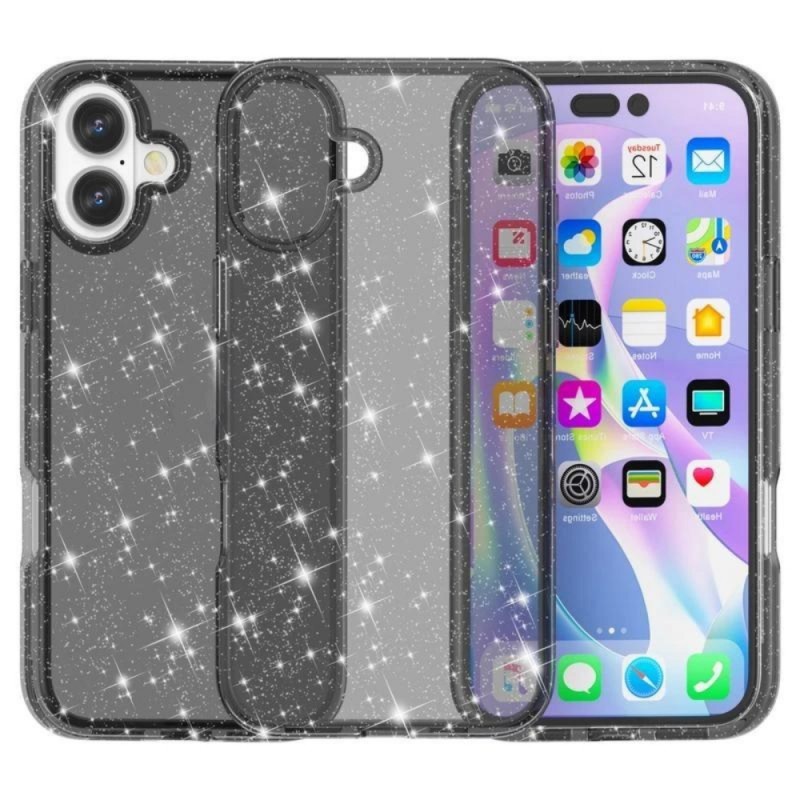 Силиконов кейс Shine 2 mm брокатен, За iPhone 16 (6.1), Черен