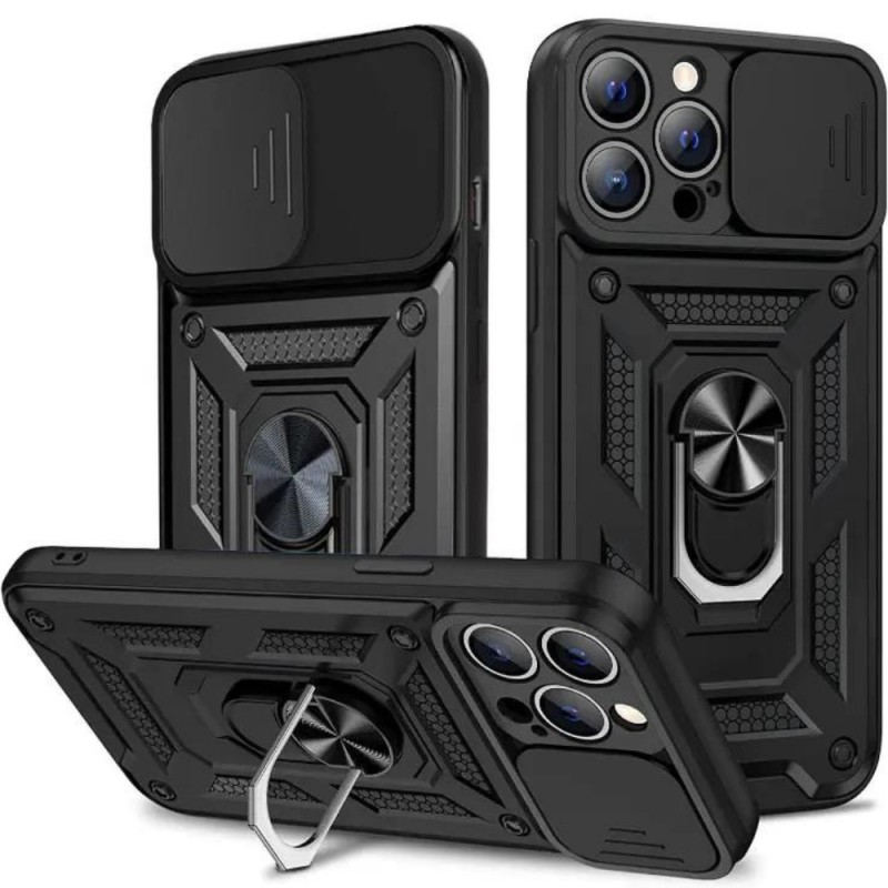 Силиконов твърд кейс bSmart Defender Slide, За iPhone 13 Pro Max (6.7), Черен