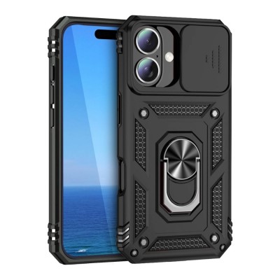 Силиконов твърд кейс bSmart Defender Slide, За iPhone 16e / 17e, Черен