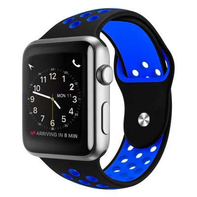 Силиконова каишка на дупки bSmart за часовник Apple iWatch 42/44/45/46/49mm, Черна/Синя