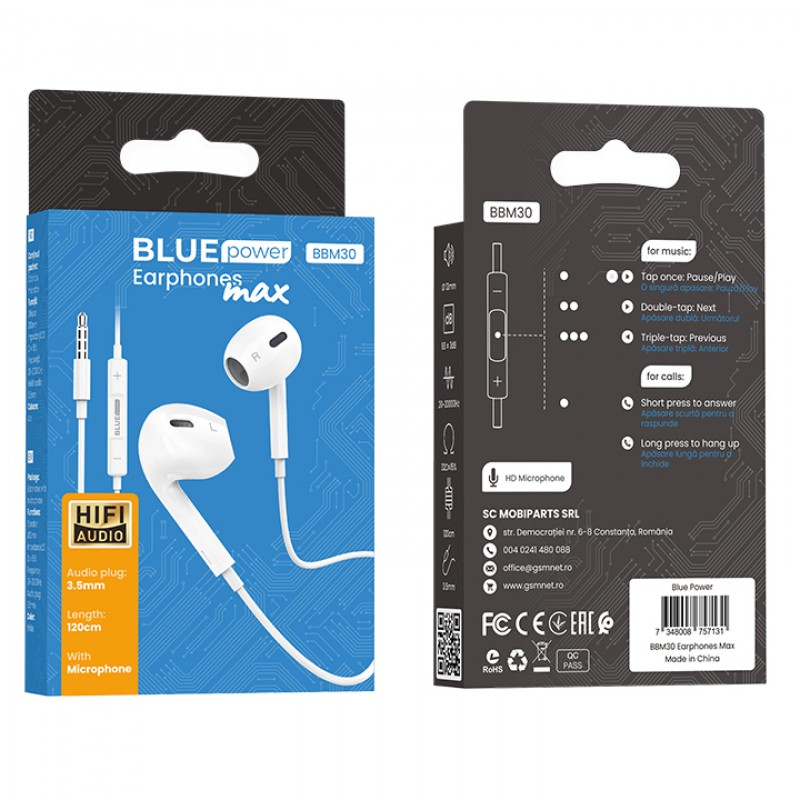 Слушалки HF 3.5 mm BLUE Power BBM30 Max, Бели