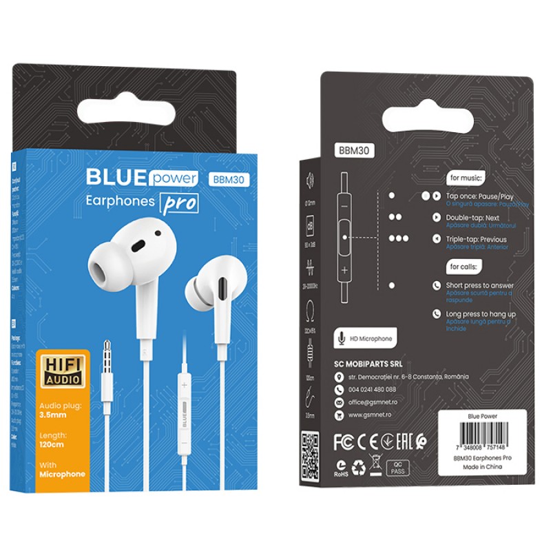 Слушалки HF 3.5 mm BLUE Power BBM30 Pro, Бели