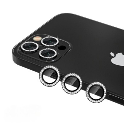 Стъклен протектор с метални рингове и камъни за задна камера MBX за Apple iPhone 13 Pro, 13 Pro Max, Черен