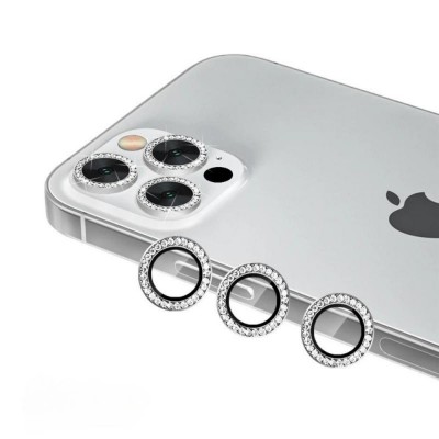 Стъклен протектор с метални рингове и камъни за задна камера MBX за Apple iPhone 13 Pro, 13 Pro Max, Сребрист
