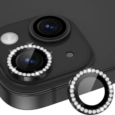 Стъклен протектор с метални рингове и камъни за задна камера MBX за Apple iPhone 15, 15 Plus, Черен