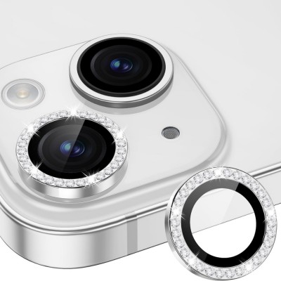 Стъклен протектор с метални рингове и камъни за задна камера MBX за Apple iPhone 15, 15 Plus, Сребрист