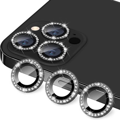 Стъклен протектор с метални рингове и камъни за задна камера MBX за Apple iPhone 15 Pro, 15 Pro Max, Черен