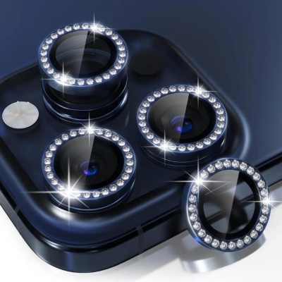 Стъклен протектор с метални рингове и камъни за задна камера MBX за Apple iPhone 15 Pro, 15 Pro Max, Син