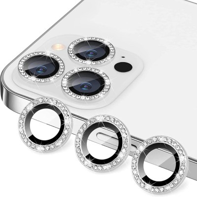 Стъклен протектор с метални рингове и камъни за задна камера MBX за Apple iPhone 15 Pro, 15 Pro Max, Сребрист