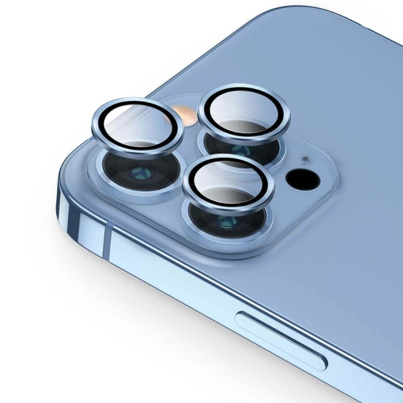 Стъклен протектор с метални рингове за задна камера MBX за Apple iPhone 13 Pro, 13 Pro Max, Син