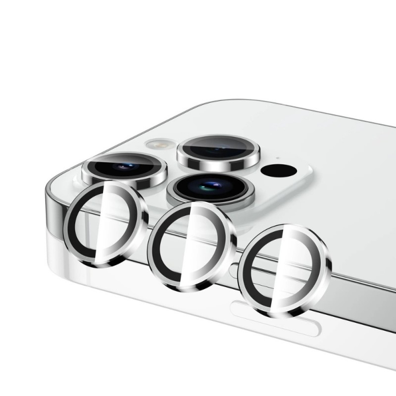 Стъклен протектор с метални рингове за задна камера MBX за Apple iPhone 16 Pro, 16 Pro Max, Сребрист