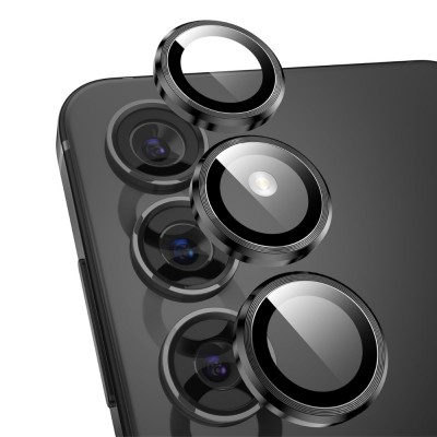 Стъклен протектор с метални рингове за задна камера MBX за Samsung Galaxy S25, Черен