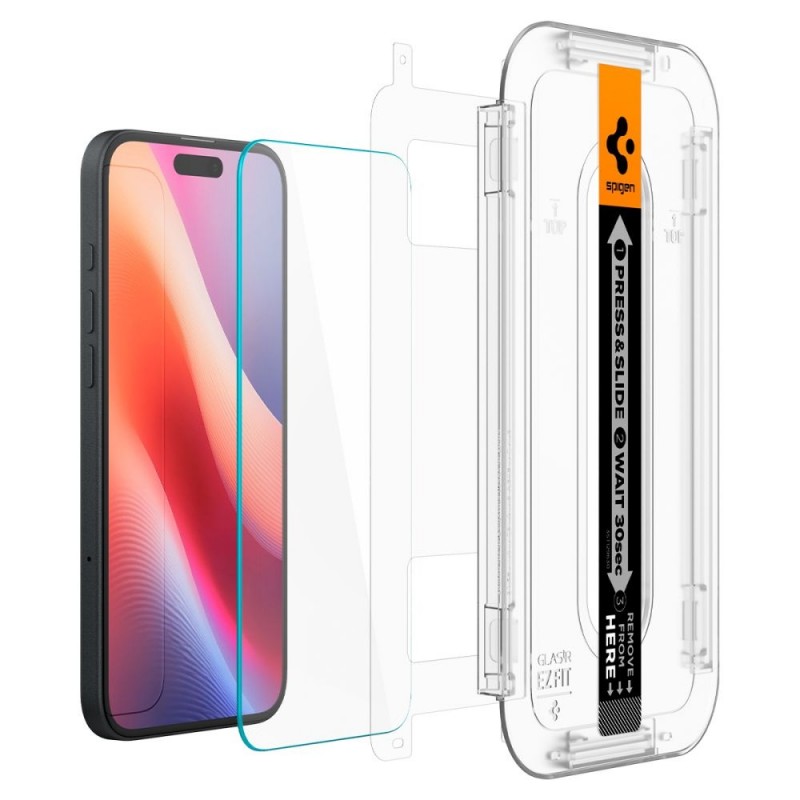 Стъклен протектор Spigen GLAS.tR EZ Fit  с цяло лепило, За iPhone 16 / 15, Прозрачен