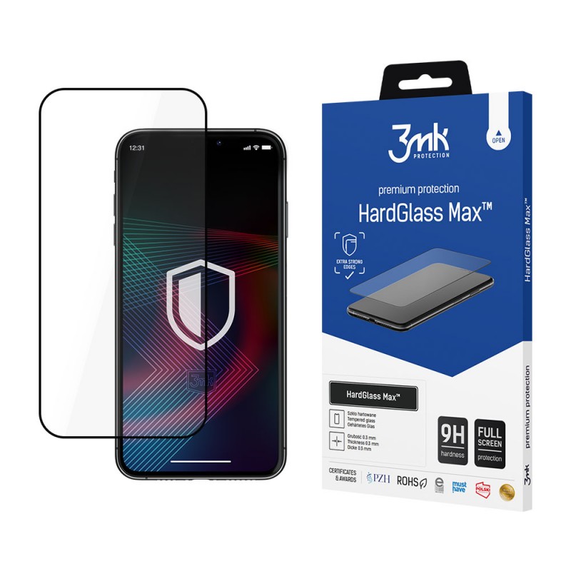 Стъклен протектор за дисплей 3mk HardGlass Max™ с цяло лепило, За iPhone 14 Pro Max (6.7), Черен