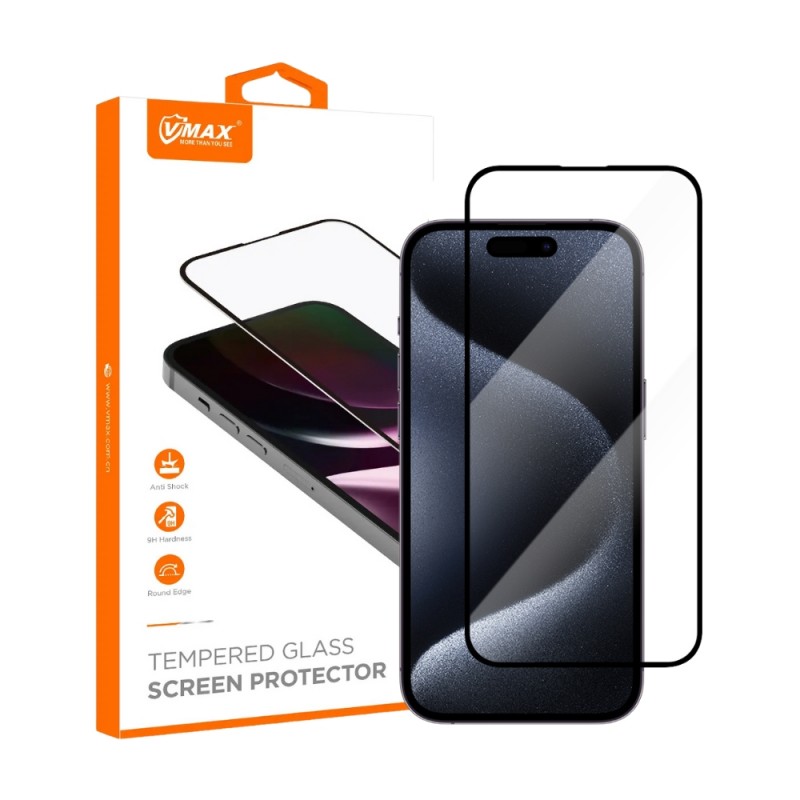 Стъклен протектор за дисплей Vmax 9D с цяло лепило, За iPhone 15 Pro (6.1), Черен