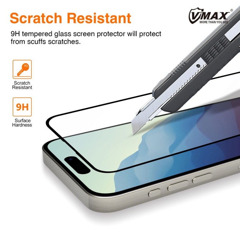 Стъклен протектор за дисплей Vmax 9D с цяло лепило, За iPhone 15 Pro Max (6.7), Черен