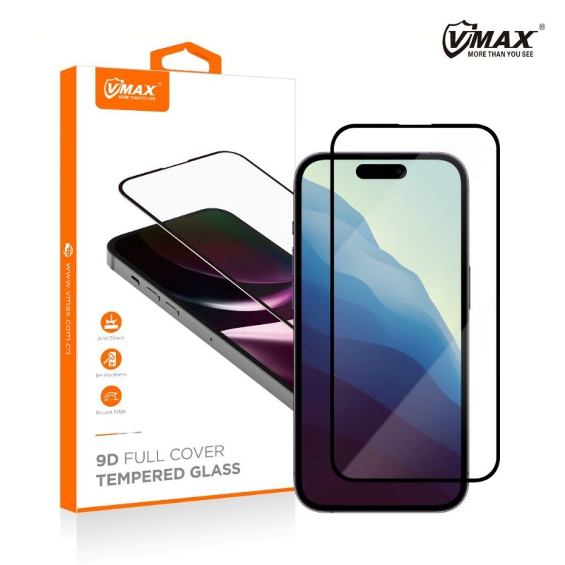 Стъклен протектор за дисплей Vmax 9D с цяло лепило, За iPhone 16 (6.1), Черен